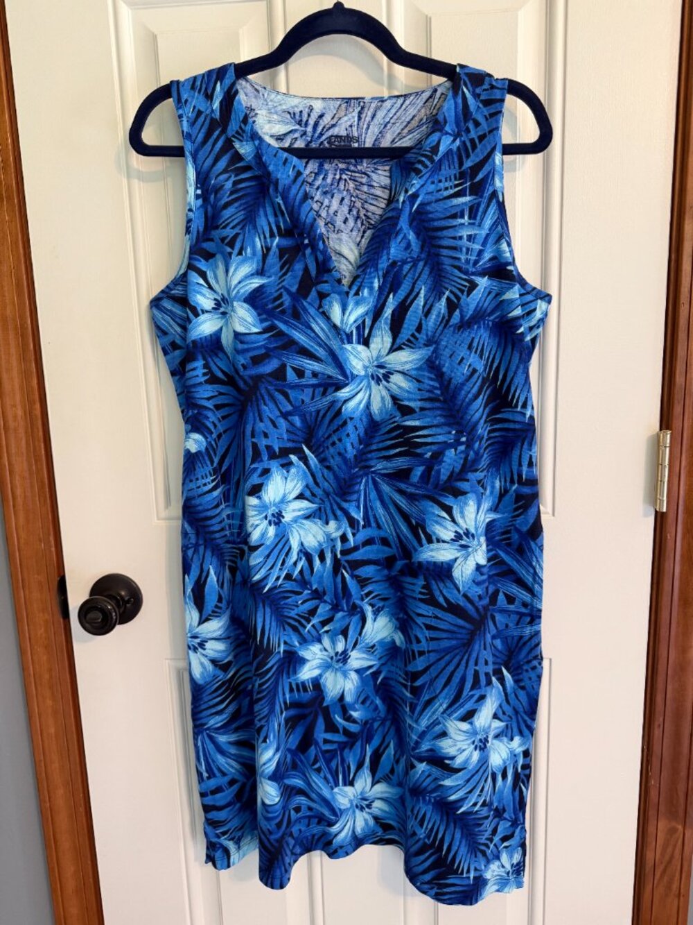 LANDS' END Navy Tropical V-Neck Sleeveless Cotton Shift Dress Size M-New